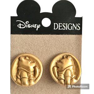 Vintage Disney Winnie the Pooh Earrings Clip On Disneyana Gold Plated Disc